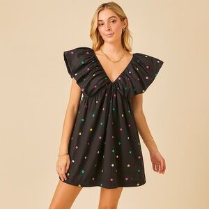 Day + Moon Puff Sleeve Babydoll Mini Dress Womens Large Black Floral Embroidered